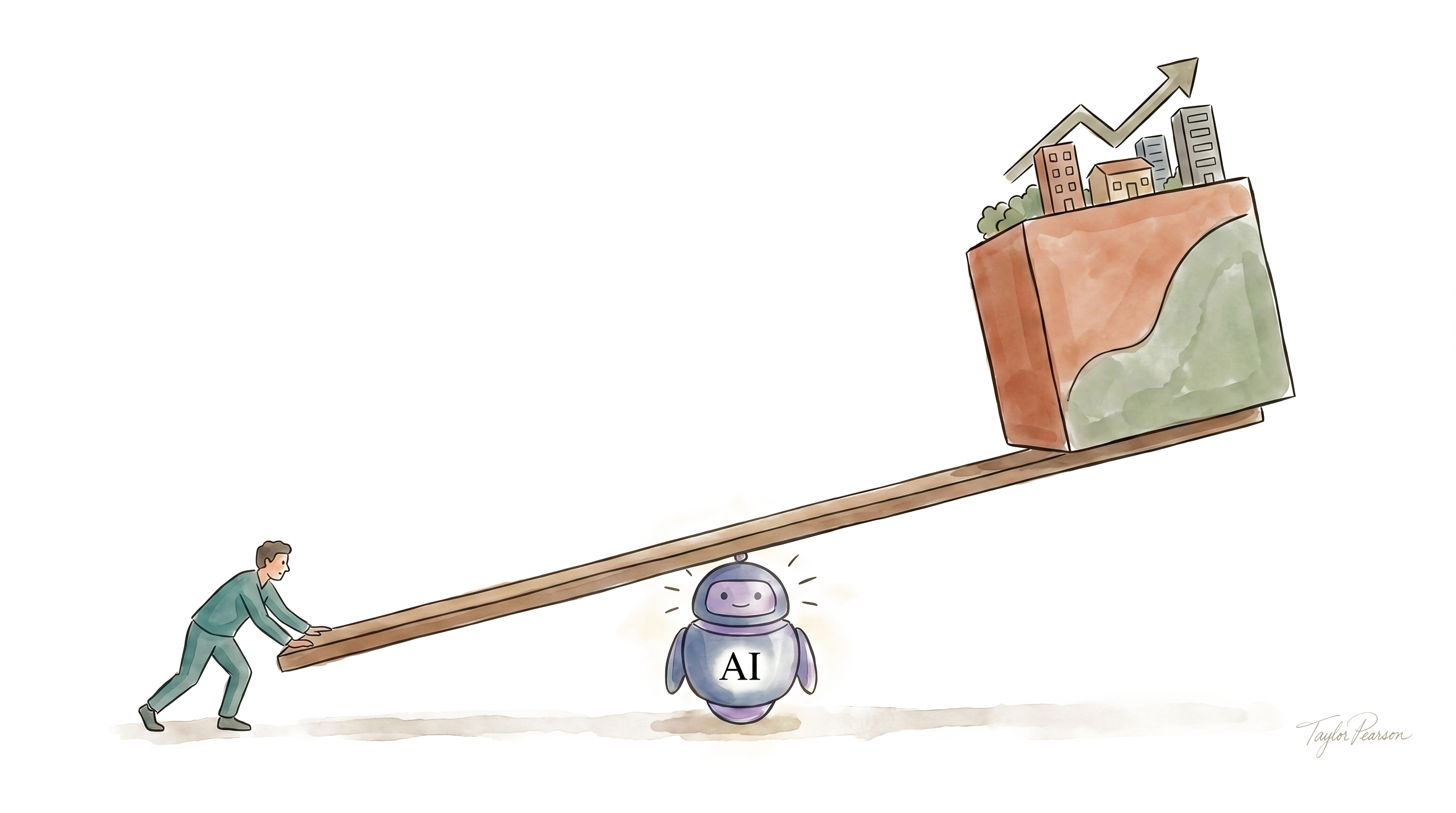 Watercolor illustration of a founder using AI as a lever to lift a business.