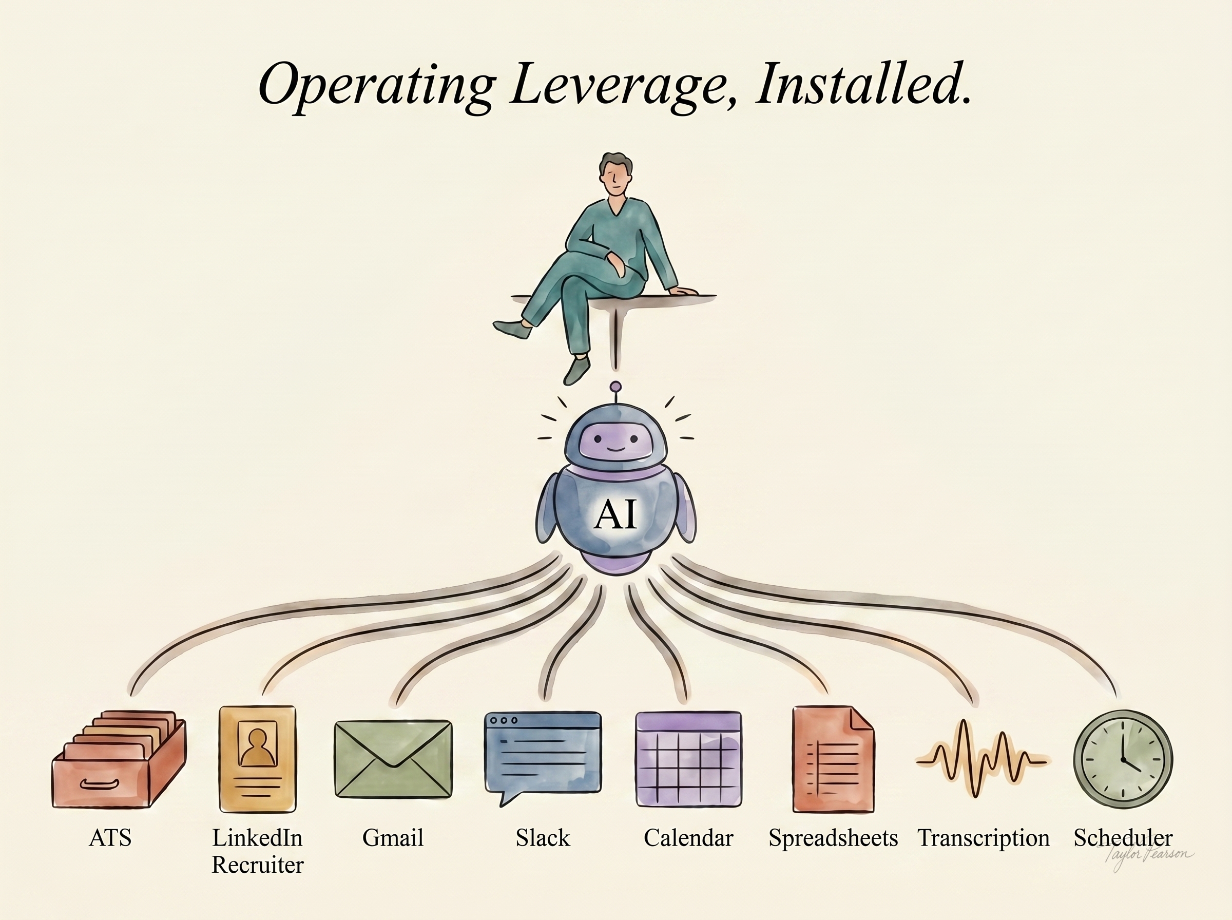 Watercolor illustration of AI coordinating the operational load beneath a founder.